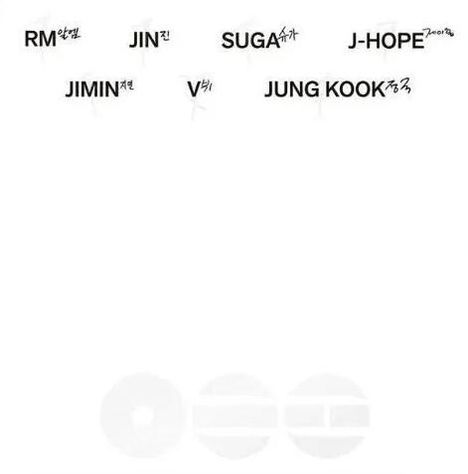 Namen: RM, JIN, SUGA, J-HOPE, JIMIN, V, JUNG KOOK. Darunter verblassen runde und rechteckige Formen in Grau.