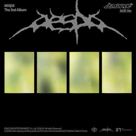 Text: "aespa The 2nd Album" und "Lemonade ACID Ver.". Graues Logo von "aespa" und vier verschwommene, grünliche Rechtecke.