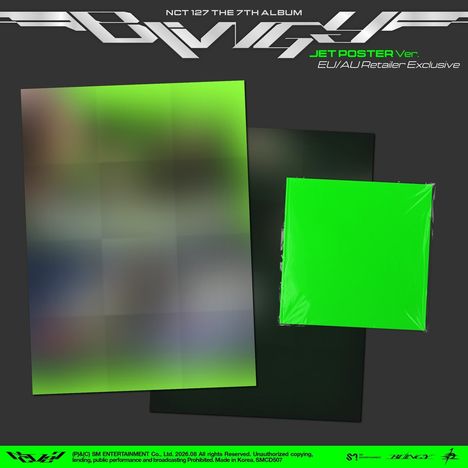 NCT 127 THE 7TH ALBUM, JET POSTER Ver. EU/AU Retailer Exclusive. Verschwommene, mehrfarbige Quadrate, grün betont.