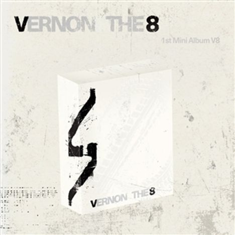 Text: "VERNON THE 8", "1st Mini Album V8". Stilisiertes weißes Cover mit abstrakten schwarzen Linien.