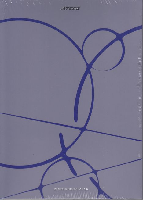 "ATEEZ" oben, "GOLDEN HOUR: Part.4" unten; abstrakte, blaue Kreise und Linien auf lila Hintergrund.