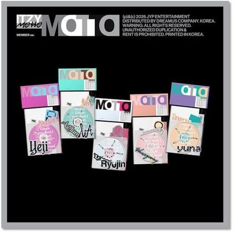 Mo/∞, MEMBER ver., Yeji, Lia, Ryujin, Yuna. Fünf bunte Albumcover vor schwarzem Hintergrund.
