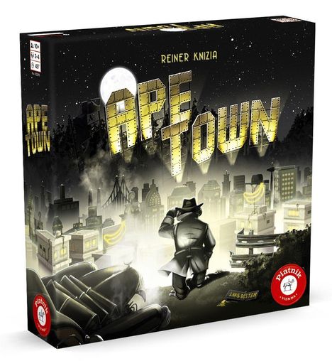 "Ape Town", Reiner Knizia. Illustration: Detektiv vor nächtlicher Stadt mit gelbem Licht, Bananen im Hintergrund.