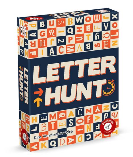 "LETTER HUNT", Kim Vandenbroucke. Bunte Buchstaben in Kästchen. Piatnik Logo unten rechts.