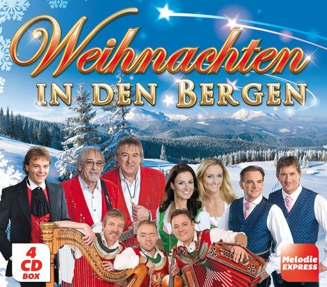 "Weihnachten in den Bergen" in großen, festlichen Buchstaben. Eine Gruppe von Musikern in traditioneller Kleidung vor verschneiter Berglandschaft.