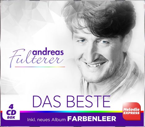 Text: "andreas Fulterer, DAS BESTE, Inkl. neues Album FARBENLEER, 4 CD BOX." Smiling Mann und Melodie Express Logo.