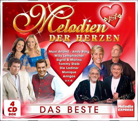 "Melodien der Herzen", Künstlernamen in Herzform, CD-Box "Das Beste". Fotos von Musikern vor rotem Hintergrund mit Herzen.