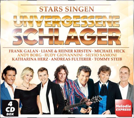Große Schrift: "UNVERGESSENE SCHLAGER". Darunter Fotos von Sängerinnen und Sängern nebeneinander, ein Mann hält eine Gitarre.