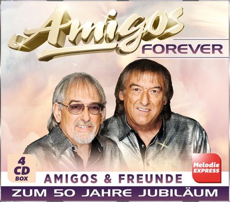 "Amigos Forever", 4 CD Box "Amigos & Freunde", "Zum 50 Jahre Jubiläum", stilvolles Porträt von zwei lächelnden Männern.