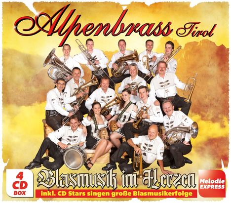 "Alpenbrass Tirol" in roter Schrift. "Blasmusik im Herzen" in Schwarz unten. Gruppenfoto von Musikern in Tracht mit Instrumenten.