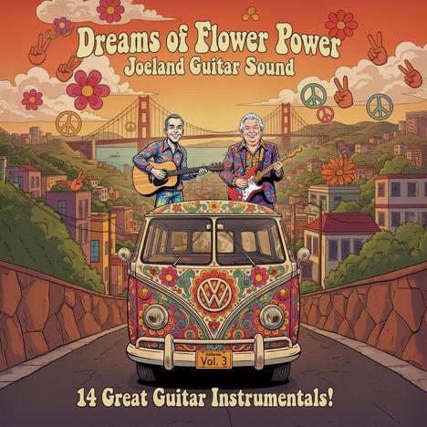 Titel: "Dreams of Flower Power" und "14 Great Guitar Instrumentals". Cartoon-Stil zeigt zwei Gitarristen und einen bunt bemalten VW-Bus.