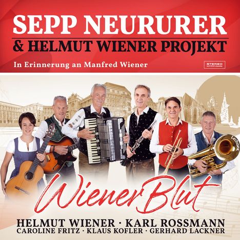 SEPP NEURURER & HELMUT WIENER PROJEKT. Wiener Blut. Menschen in Tracht mit Instrumenten vor einer Wiener Stadtansicht.