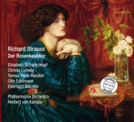 Texte: Richard Strauss, Der Rosenkavalier. Auflistung von Künstlern und Dirigent. Illustration: Frau in grünem Kleid, rote Vorhänge.