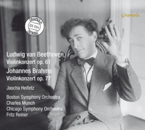 Ludwig van Beethoven Violin Konzert op. 61. Johannes Brahms Violin Konzert op. 77. Jascha Heifetz. Schwarz-weiß Porträt eines Mannes im Anzug.