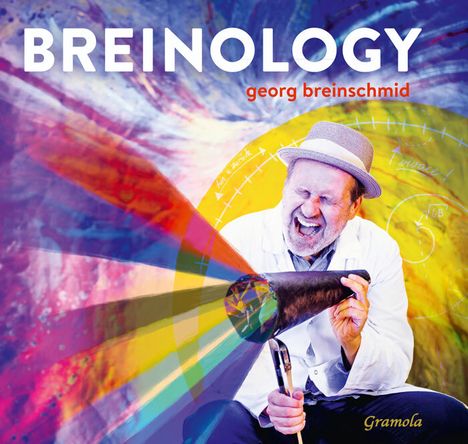 "BREINOLOGY" und "georg breinschmid" in buntem Hintergrund, Mann mit Hut und Fernrohr in freudiger Pose.