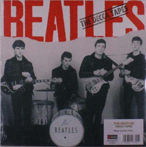 "THE BEATLES" groß in Rot, "THE DECCA TAPES" in Schwarz. Vier junge Männer in Lederjacken mit Instrumenten.