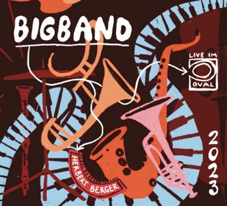 Text: „BIGBAND“, „LIVE IM OVAL“, „HERBERT BERGER“, „2023“. Buntes Design mit Musikinstrumenten und abstrakten Formen.