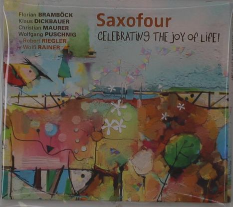 Text: "Saxofour CELEBRATING THE joy OF LIFE!" und Namen von Musikern. 
Illustration: Bunte, abstrakte Landschaft mit Formen und Mustern.