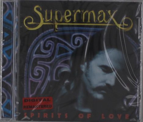 "Supermax" und "Spirits of Love" sind groß auf einer CD zu sehen. Das Cover zeigt ein Porträt eines Mannes und Muster.