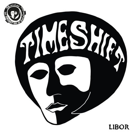 „TIMESHIFT“ in großer Schrift auf Gesicht, darunter „LIBOR“. Schwarz-Weiß-Illustration eines maskenhaften Gesichts.