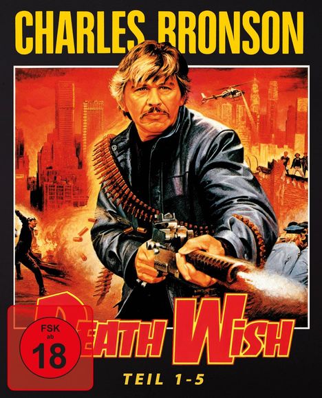 "CHARLES BRONSON, DEATH WISH, TEIL 1-5, FSK ab 18." Ein Mann mit Gewehr in einer actiongeladenen Szene vor einer Stadt.