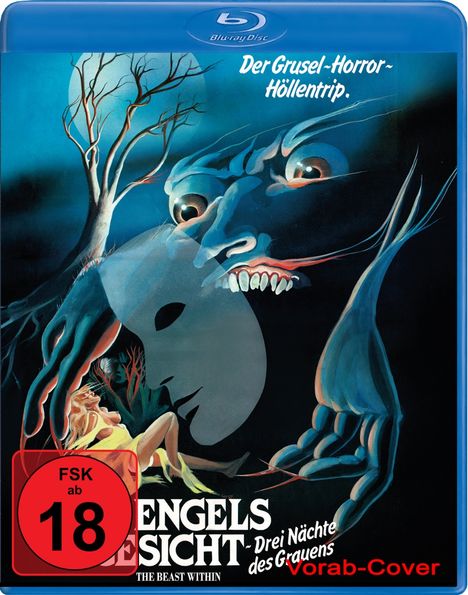 "Der Grusel-Horror-Höllentrip. FSK ab 18. Engels Gesichter. Drei Nächte des Grauens. Vorab-Cover." Illustration mit geisterhaftem Gesicht, Baum und Frau.