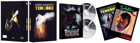 "DARIO ARGENTO TENEBRE" auf mehreren DVD- und Buch-Covern. Dramatische Illustrationen mit dunklem Hintergrund.