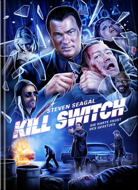 Filmplakat mit Steven Seagal, zerbrechendes Glas, Explosion, dramatische Szenen und Gewalt im Vordergrund.