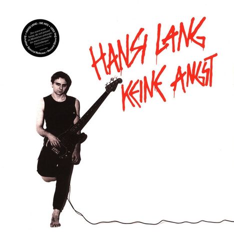 Schriftzug "Hansi Lang Keine Angst". Schwarz-weißes Bild eines Mannes mit E-Gitarre.