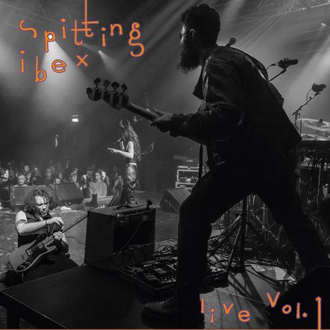 Text: "spitting ibex live Vol.1". Eine Band spielt auf der Bühne, Musiker mit Gitarren, Sängerin im Hintergrund.