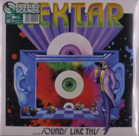 "NEKTAR ...SOUNDS LIKE THIS" in großen, bunten Buchstaben. Farbenfrohe Illustration mit Augen, Ohren und einer Band.