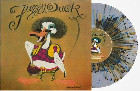 "Fuzzy Duck" in geschwungener Schrift, Ente mit Afro und bunter Weste. Daneben bunte Vinyl-Schallplatte.