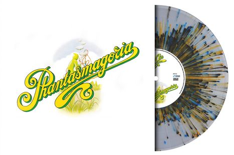 "Phantasmagoria" in verschnörkelter gelber Schrift, daneben eine bunte Vinyl-Schallplatte mit Farbspritzern.