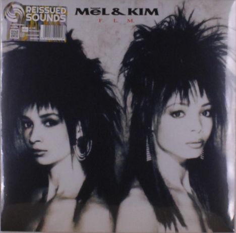 "Mel & Kim" und "F. L. M." oben in der Mitte. Zwei junge Frauen mit auffälligen Frisuren in schwarz-weiß dargestellt.