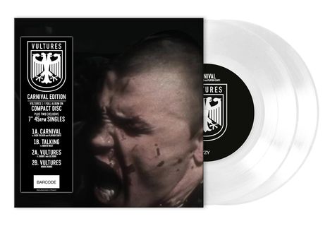 Links: "Vultures Carnival Edition" auf schwarzem Hintergrund. Rechts: Schreiender Mann, zwei weiße Vinyl-Schallplatten.