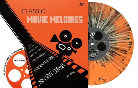 "Classic Movie Melodies", Filmtitel wie "2001: A Space Odyssey". Illustration mit orangem Hintergrund und Filmrolle.