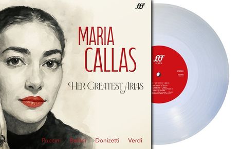 „Maria Callas: Her Greatest Arias“ steht in roten Buchstaben auf einem Plattencover mit ihrem Porträt.