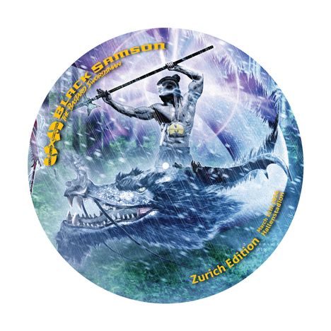 Text: "BROCK SAMSON The Bastard Swordsman", "Zurich Edition". Illustration eines Kriegers mit Schwert auf einem Monster im Regen.