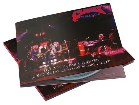 „LIVE AT THE PARIS THEATER LONDON, ENGLAND - NOVEMBER 11, 1979“ auf CD-Hülle. Bühne mit Band und Instrumenten.