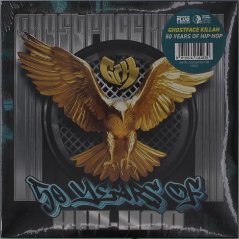 Text: "GHOSTFACE KILLAH 50 YEARS OF HIP-HOP" und "50 YEARS OF". Illustration von einem goldenen Adler auf einem Lautsprechergitter.