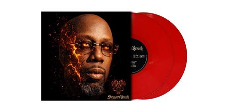 Text: "Dragons Breath". Ein Gesicht mit feurigen Effekten links, zwei rote Schallplatten rechts.