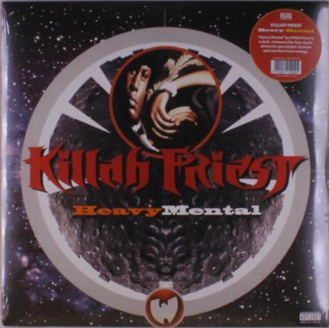 "Killah Priest Heavy Mental" in rotem, gotischem Schriftzug. Dahinter Mondoberfläche, im Zentrum ein Mann in einem Anzug.