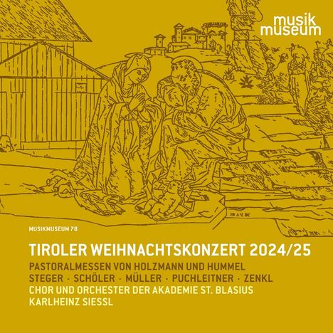 Musikmuseum. Tiroler Weihnachtskonzert 2024/25. Illustration der Geburtsszene mit Maria, Josef und Jesuskind.