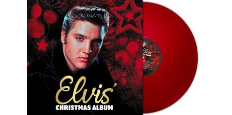 "Elvis' Christmas Album" in goldener und weißer Schrift. Links das Cover mit Elvis und roten Weihnachtskugeln, rechts eine rote Vinylplatte.