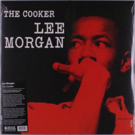 Text: "The Cooker Lee Morgan". Person in Rot-Ton mit nachdenklichem Ausdruck, Hand vor dem Gesicht.