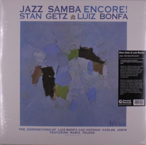 "JAZZ SAMBA ENCORE! STAN GETZ & LUIZ BONFÁ. Abstrakte Kunst mit blauen, grünen und braunen Formen."