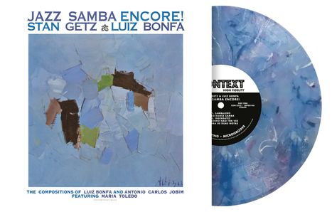 "JAZZ SAMBA ENCORE! STAN GETZ & LUIZ BONFÁ." Die abstrakte Kunst ist in Blau- und Brauntönen gehalten.