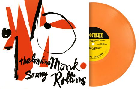 Text: "thelonious Monk & Sonny Rollins." Orange Schallplatte und abstrakte Illustration in Rot und Schwarz.