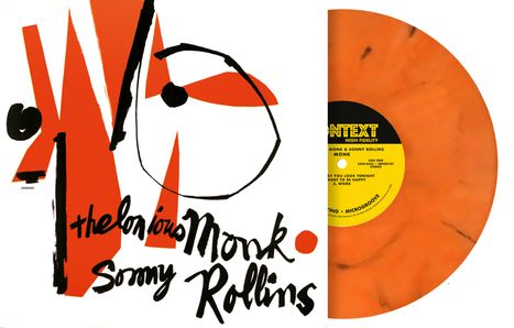 "Thelonius Monk, Sonny Rollins" in stilisierter Schrift, orange-schwarz-weißes Design mit Schallplatte.