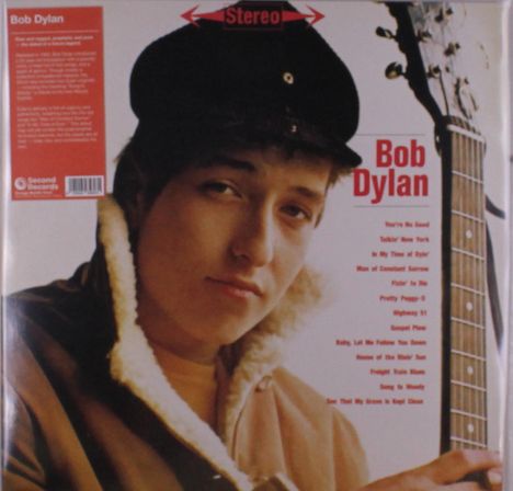 Text: "Stereo", "Bob Dylan". Liste von Songtiteln. Junge Person mit Mütze und Gitarre trägt Jacke mit Fellkragen.